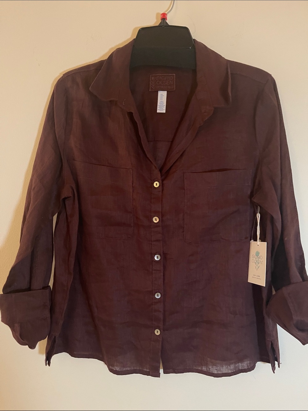 Sigurd Olsen Solid Maroon Button-Front Women's Blouse Linen shirt size m